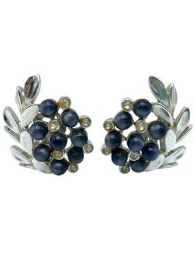 Charel Clip on Earrings Faux Pearl Rhinestone Silver tone Leaves MCM 50's Retro